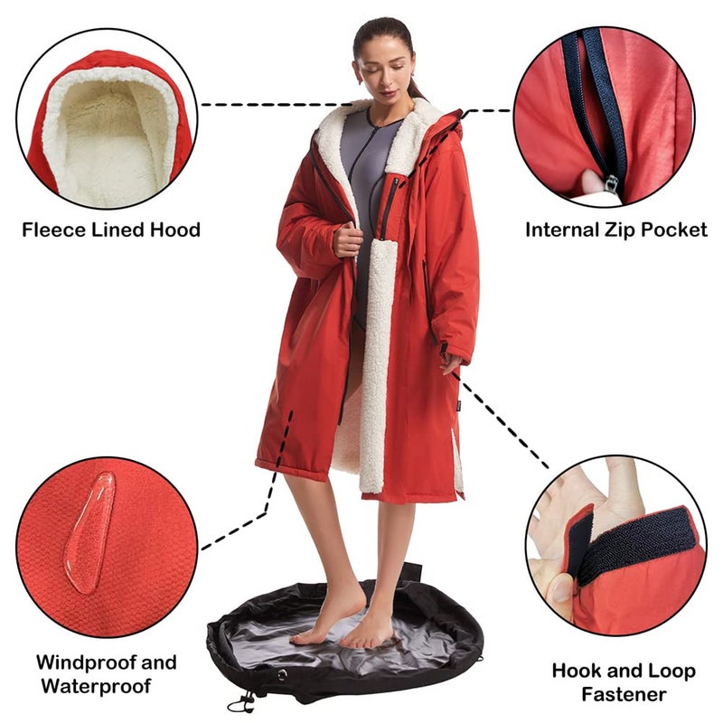 Hiturbo Warm Waterproof Swim Parka: Oversized Hooded Changing Robe - Sherpa Liner Swimming Coat - Recycled Fabric Surf Poncho (Red) - Image 4